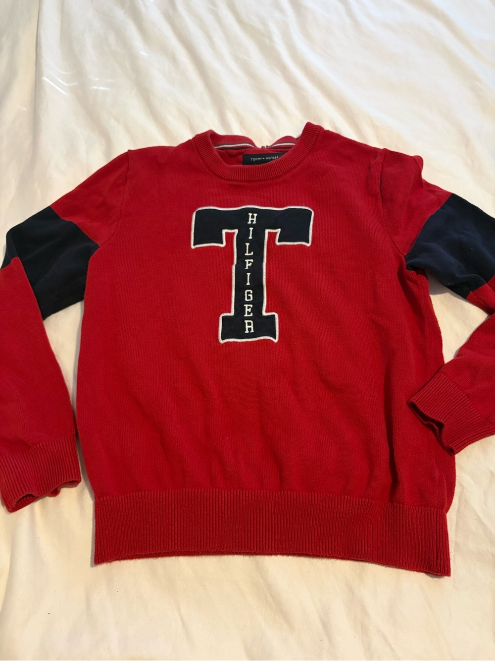 Tommy Hilfiger Red Crewneck Sweater with Navy Sleeves and Chest T Patch